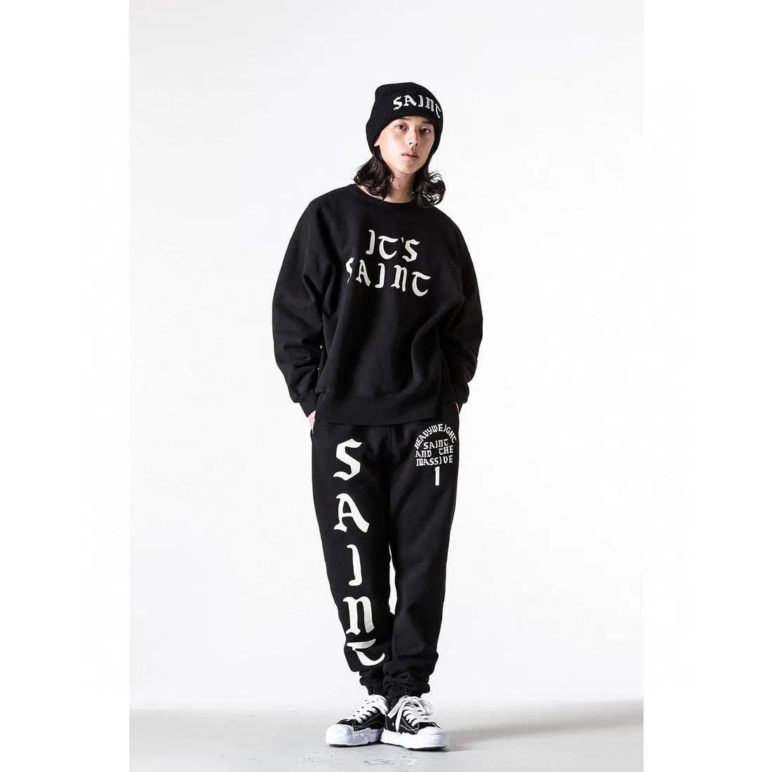 SAINT Mxxxxxx SWT PNT/IT'S SAINT/BLK flocked sweatpants black S-X ⚠️Attention: important points: this is flocking printing, not glue or crack paste. Don't buy what you see in the picture. Electrostatic flocking printing technology. Correct accessories. Fruit main mark/little angel anti-counterfeiting mark.